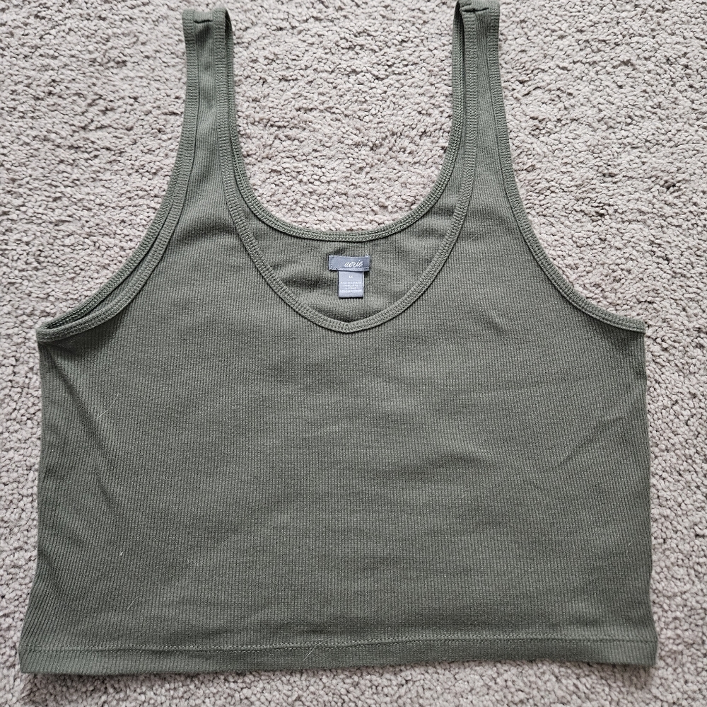 Aerie Olive Green V-neck Cropped Tank Top